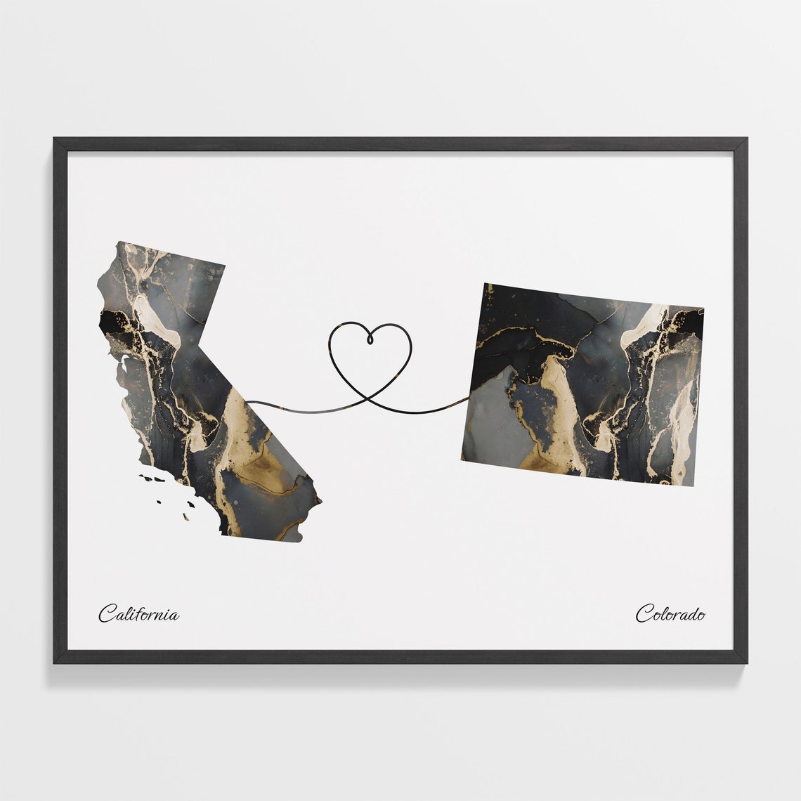 California and Colorado Black and Gold Marble Two States Map Poster