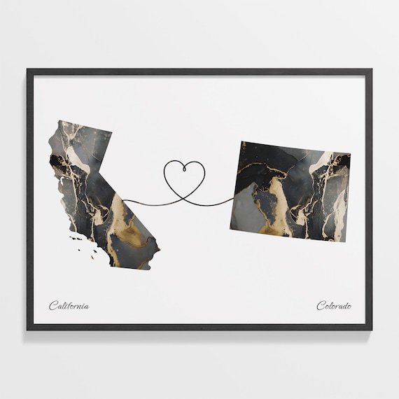 California and Colorado Black and Gold Marble Two States Map Poster