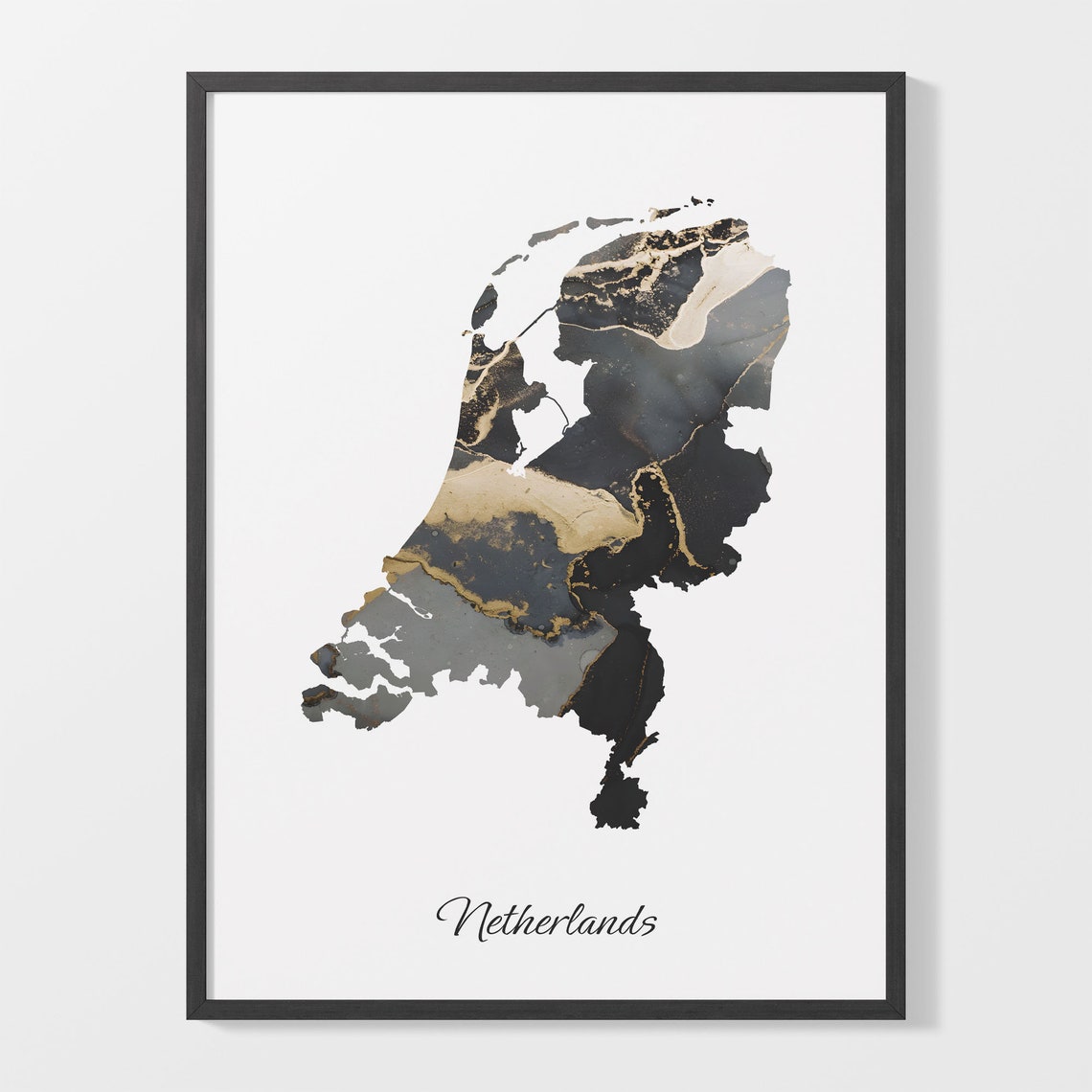Netherlands Elegant Country Map Black Gold Marble Minimalist Poster