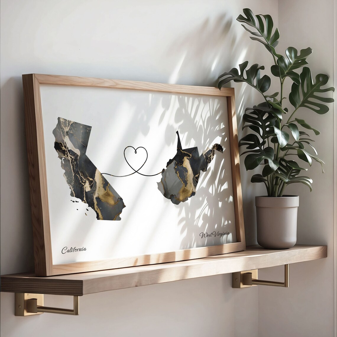 California to West Virginia Black Gold Marble Map Heart Line Art Poster - Image 3