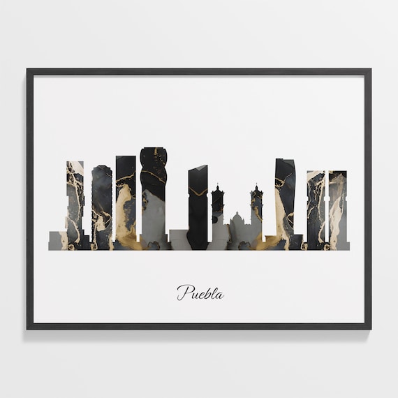 Puebla Mexico Skyline Silhouette Black Gold Marble Elegant Art Poster