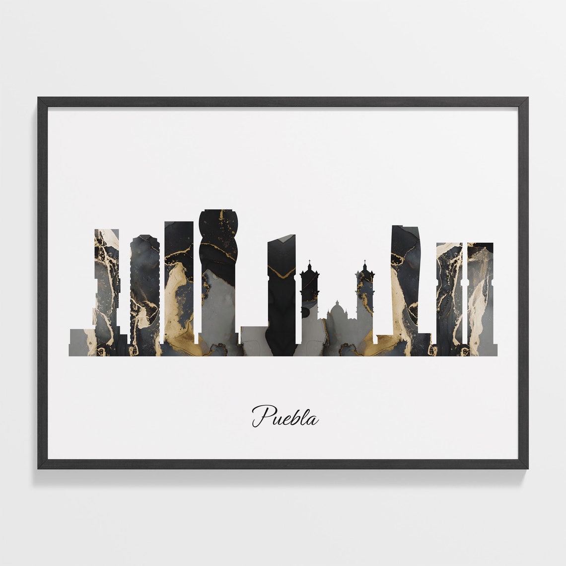 Puebla Mexico Skyline Silhouette Black Gold Marble Elegant Art Poster