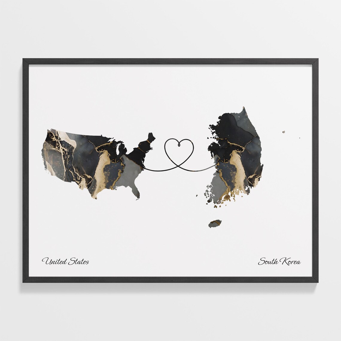 United States and South Korea Black Gold Marble Heart Map Poster