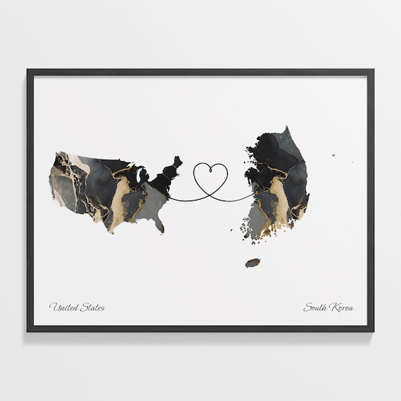 United States and South Korea Black Gold Marble Heart Map Poster