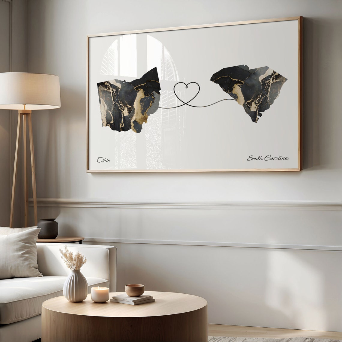 Ohio To South Carolina Heart Linked Marble Map Love Connection Poster - Image 2
