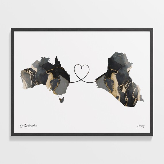 Australia and Iraq Long Distance Black Marble Heart Connection Map Poster