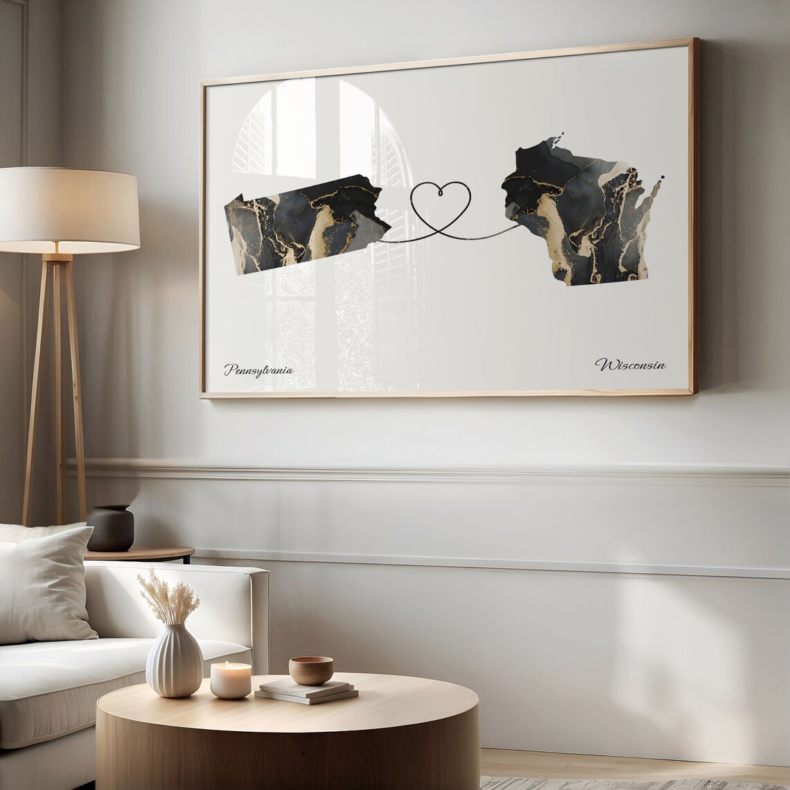 Pennsylvania to Wisconsin Black Gold Marble Map Heart Connection Poster - Image 2