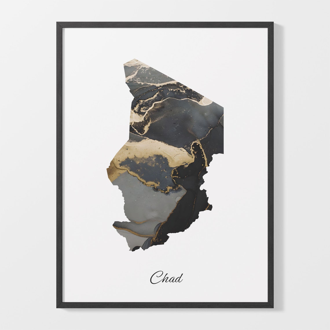 Chad Black and Gold Marble Silhouette Country Map Art Poster
