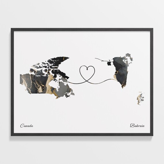 Canada to Bahrain Black and Gold Marble Two Country Map Poster