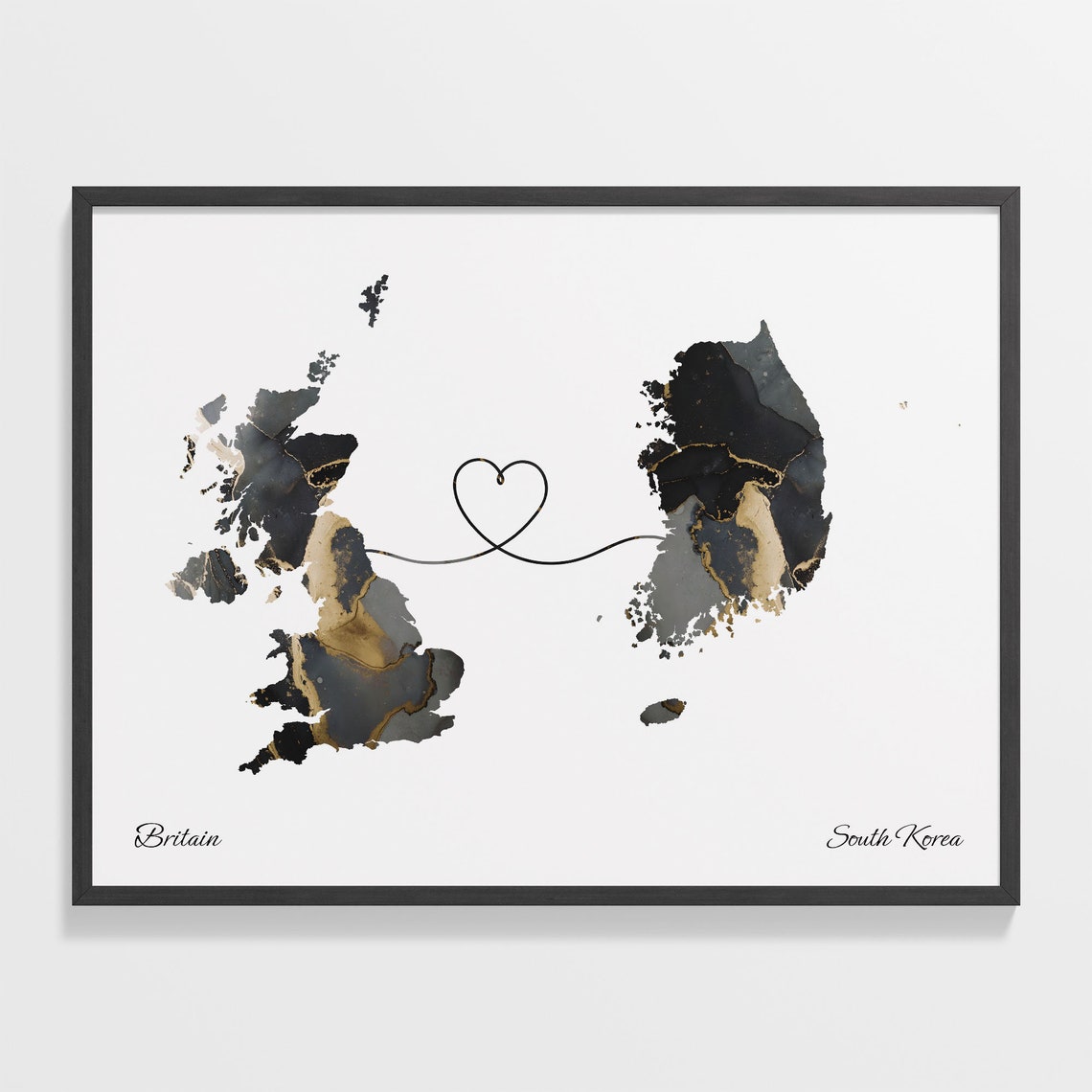 Britain To South Korea Long Distance Marble Map Heart Print Art