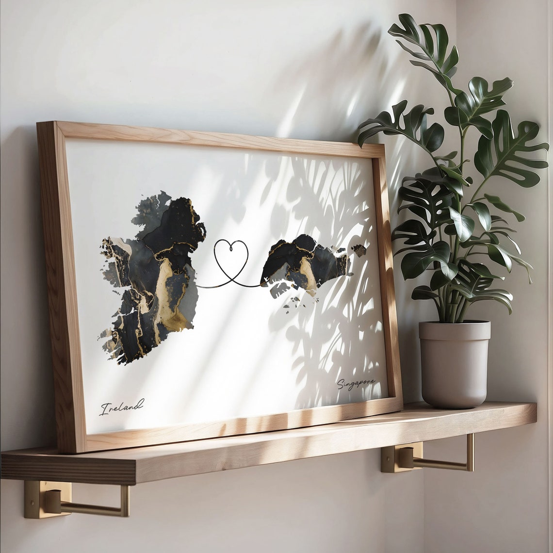 Ireland and Singapore Black and Gold Marble Two Countries Map Poster - Image 3