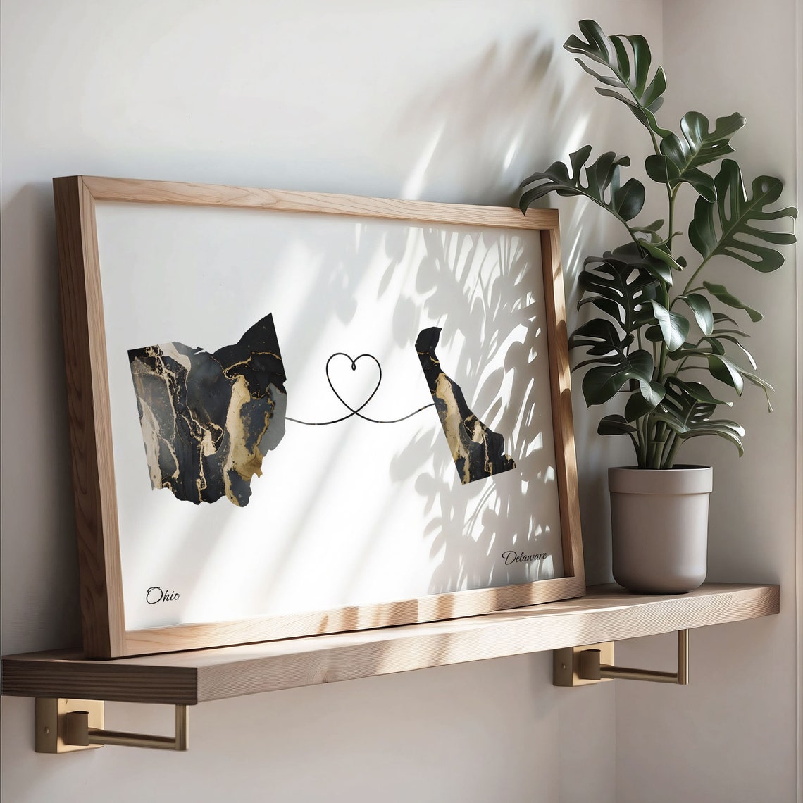 Ohio Delaware Long Distance Black Gold Marble Heart Map Poster - Image 3