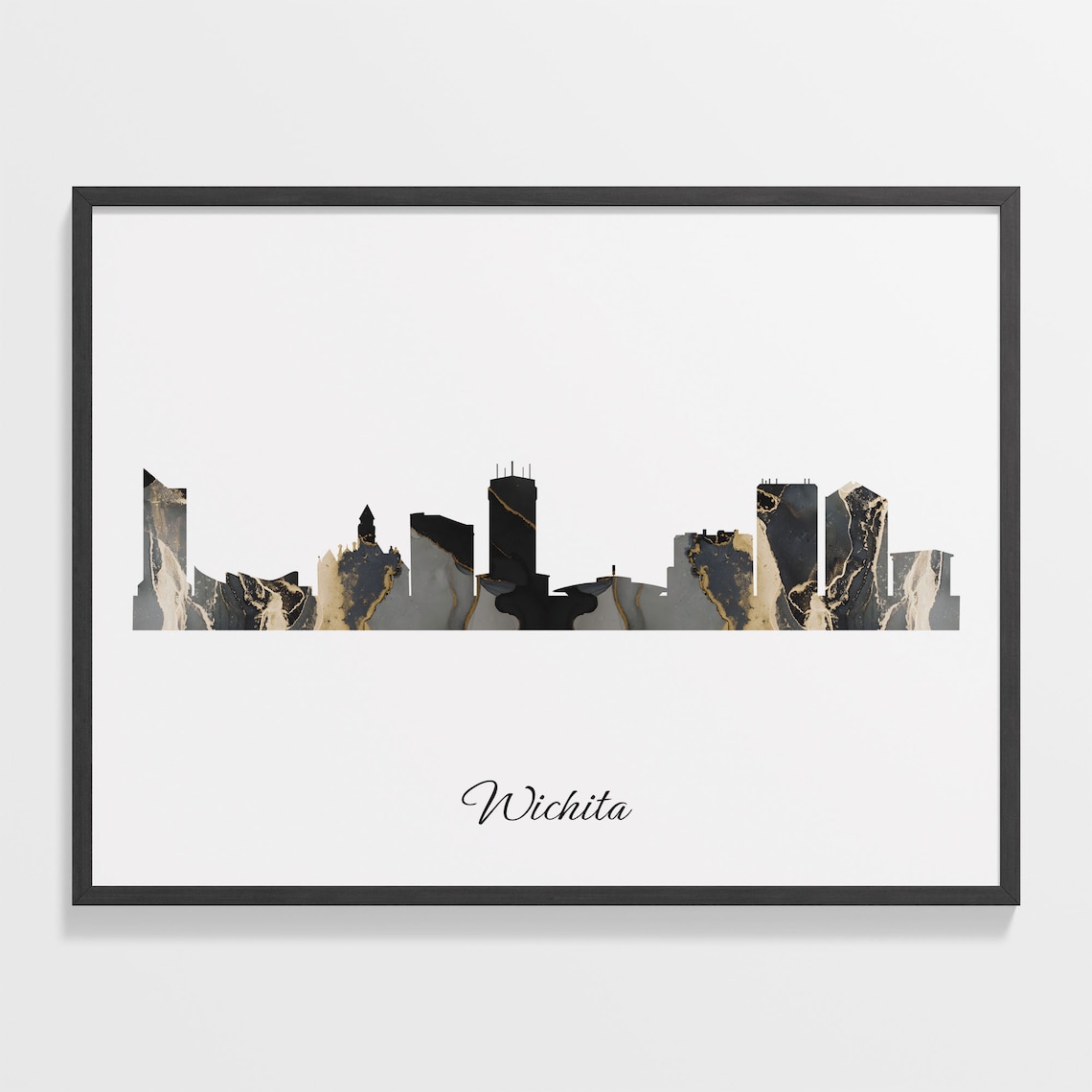 Wichita Kansas USA Black Gold Marble Skyline Silhouette City Print