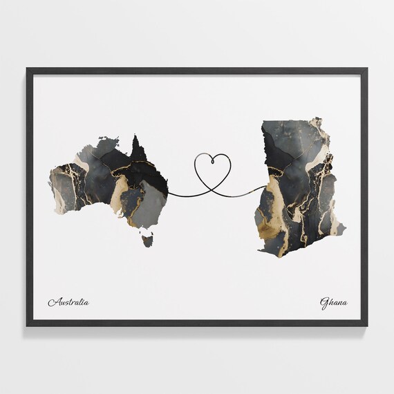 Australia and Ghana Black Marble Heart Connection Map Poster