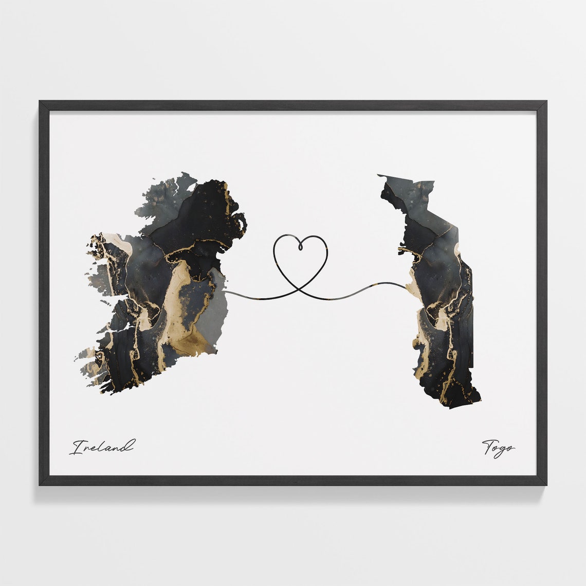 Ireland and Togo Black and Gold Marble Two Countries Map Poster