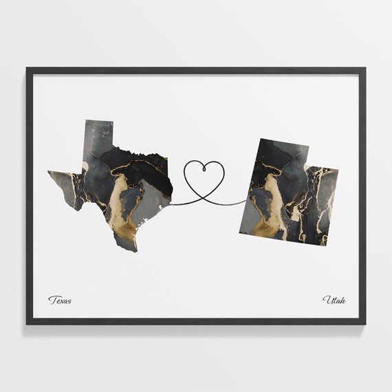Texas To Utah Heart Linked Marble Map Love Connection Poster