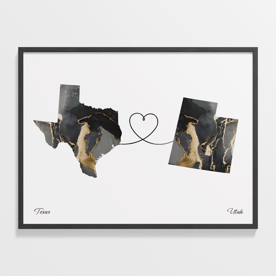 Texas To Utah Heart Linked Marble Map Love Connection Poster