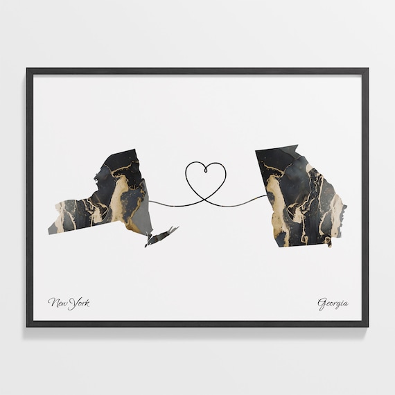New York Georgia Marble State Map Poster Long Distance Couples Gift