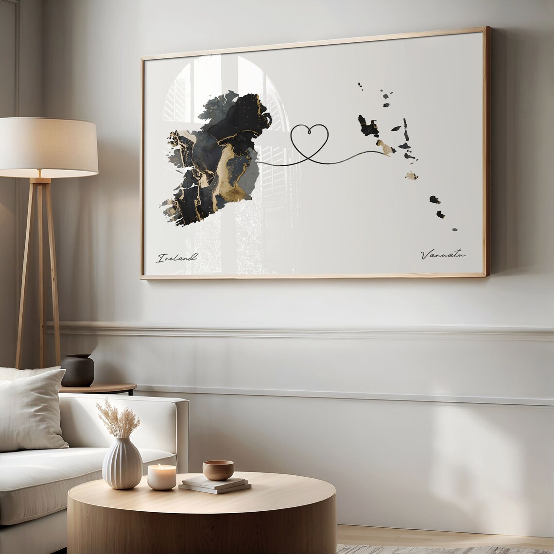 Ireland to Vanuatu Black Gold Marble Map Heart Line Art Poster - Image 2