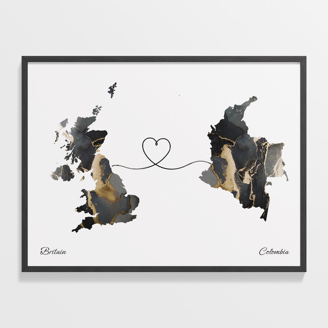 Britain To Colombia Heart Linked Marble Map Love Connection Poster