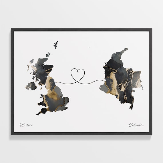 Britain To Colombia Heart Linked Marble Map Love Connection Poster