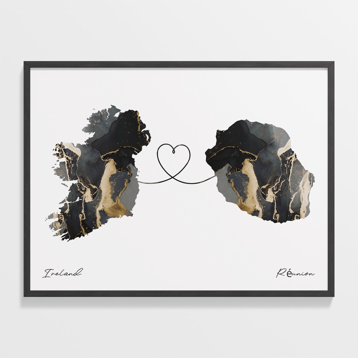 Ireland and Réunion Black and Gold Marble Two Countries Map Poster