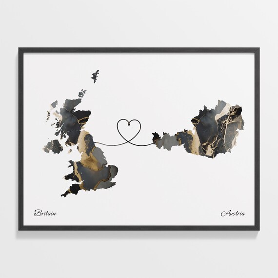 Britain to Austria Heart Connected Long Distance Marble Map Poster