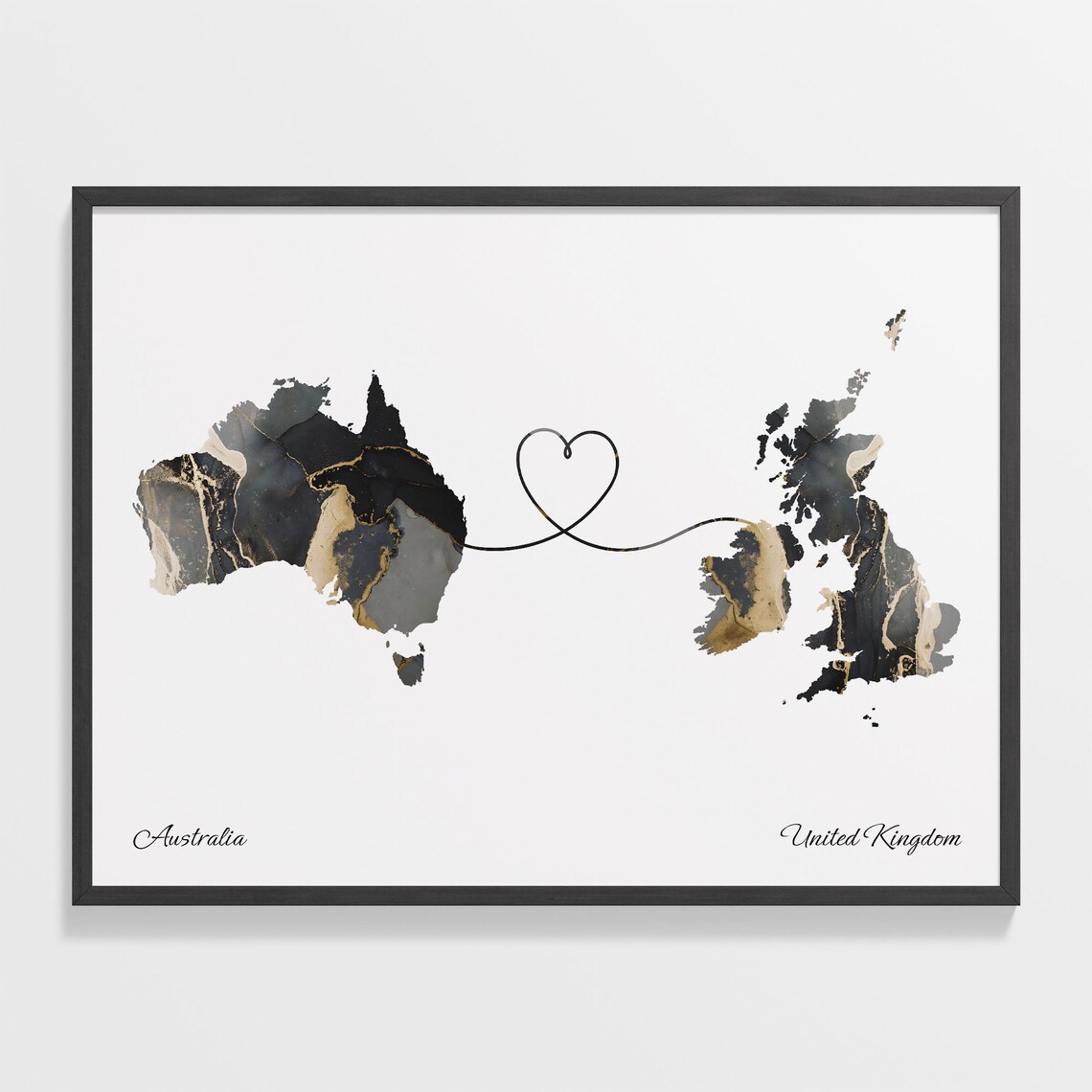 Australia United Kingdom Long Distance Love Heart Marble Map Gift Poster