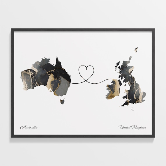 Australia United Kingdom Long Distance Love Heart Marble Map Gift Poster