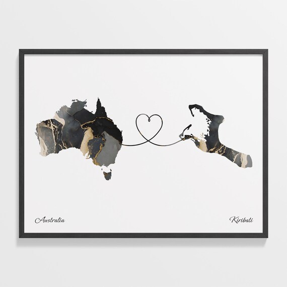 Australia Kiribati Marble Map Heart Long Distance Love Gift Poster