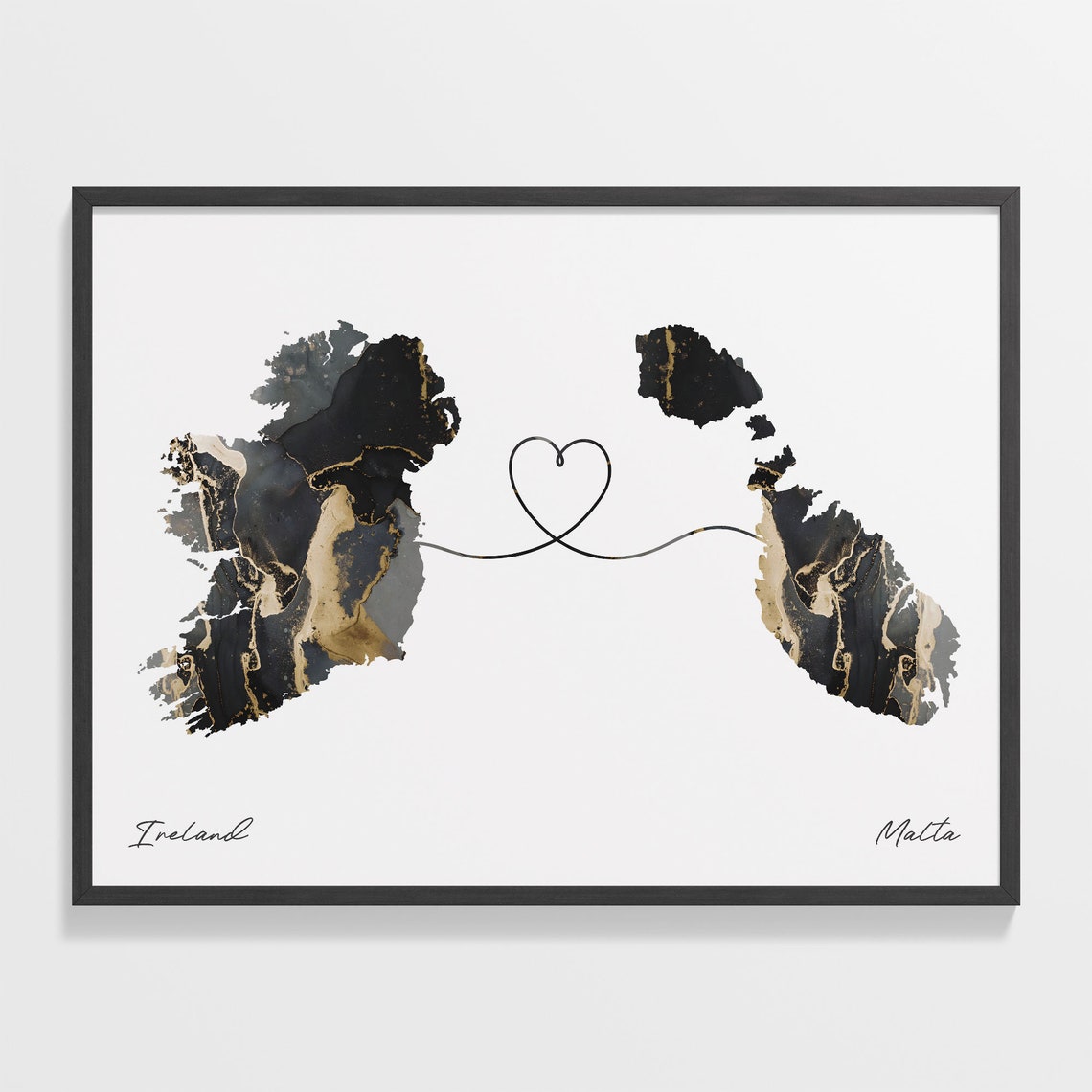 Ireland To Malta Elegant Black Marble Two Country Heart Map Poster