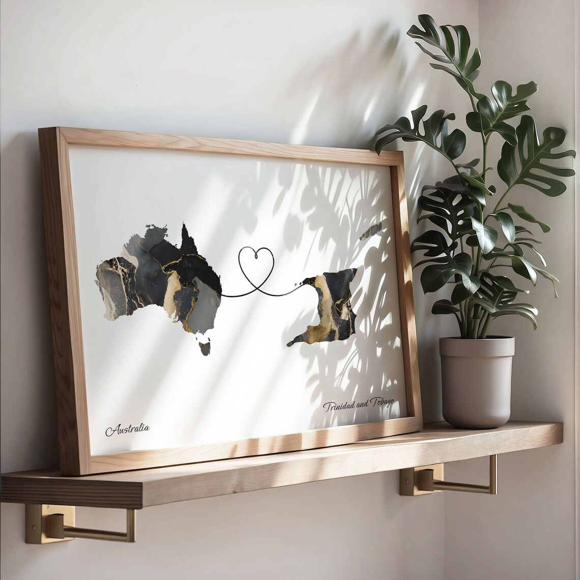 Australia and Trinidad and Tobago Black Gold Marble Map Heart Connection Poster - Image 3