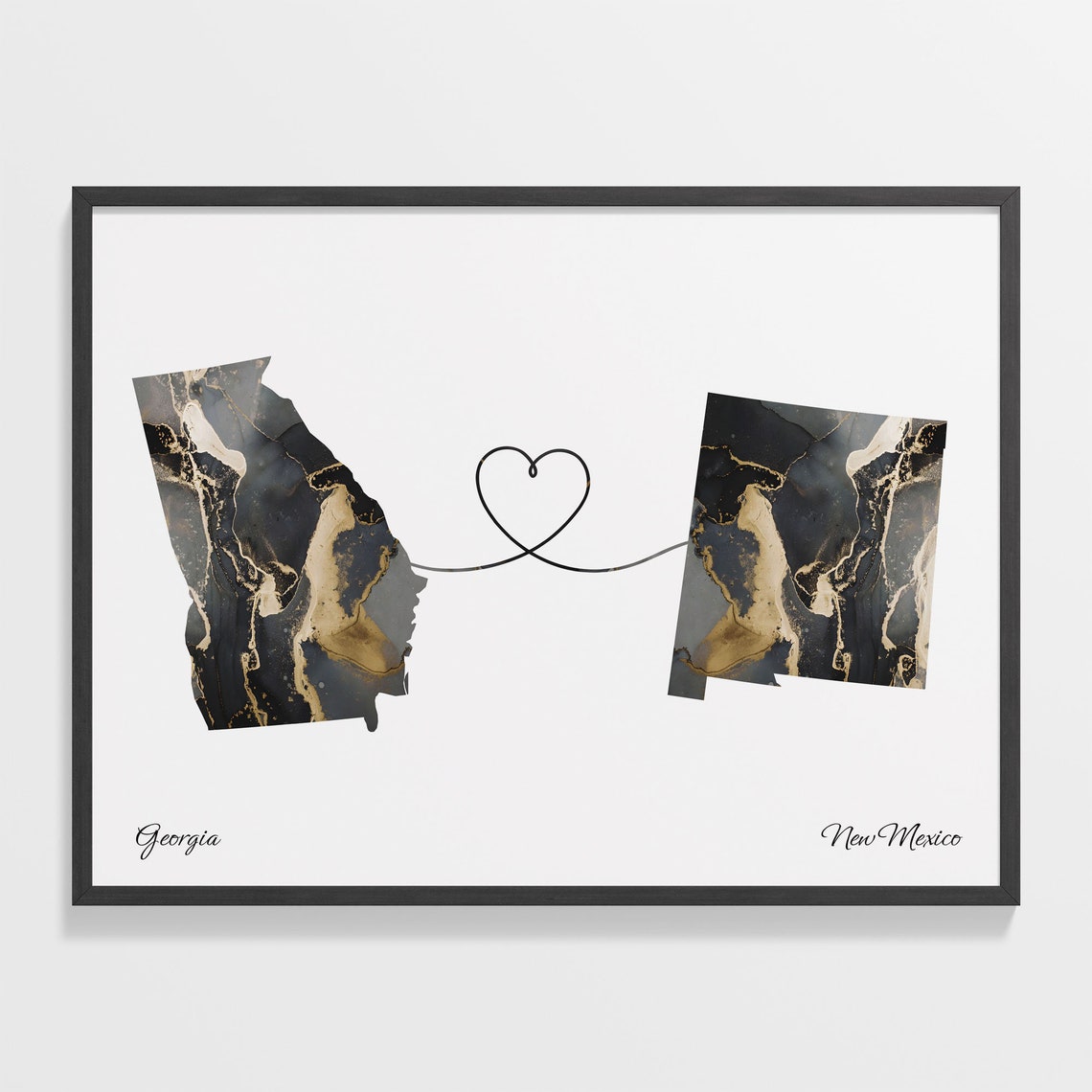 Georgia to New Mexico Two State Long Distance Heart Marble Map Poster