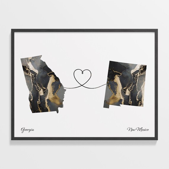 Georgia to New Mexico Two State Long Distance Heart Marble Map Poster