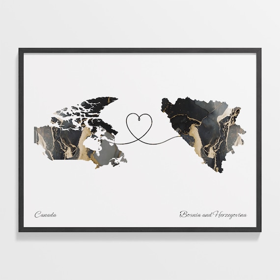 Canada To Bosnia and Herzegovina Marble Heart Map Two Country Long Distance Gift Poster