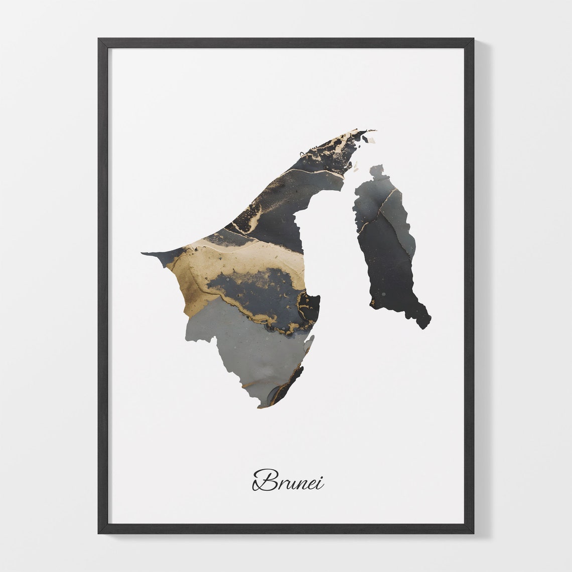Brunei Black and Gold Marble Silhouette Country Map Art Poster