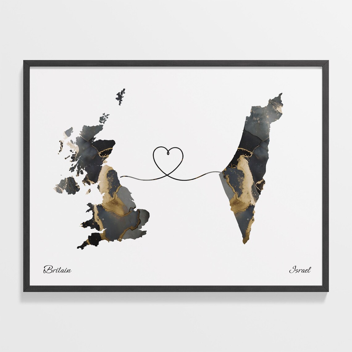 Britain Israel Marble Map Heart Long Distance Love Gift Poster