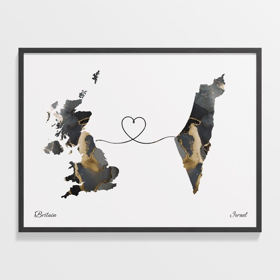 Britain Israel Marble Map Heart Long Distance Love Gift Poster