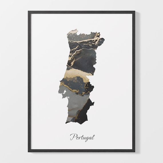 Portugal Black and Gold Marble Country Map Silhouette Minimalist Poster