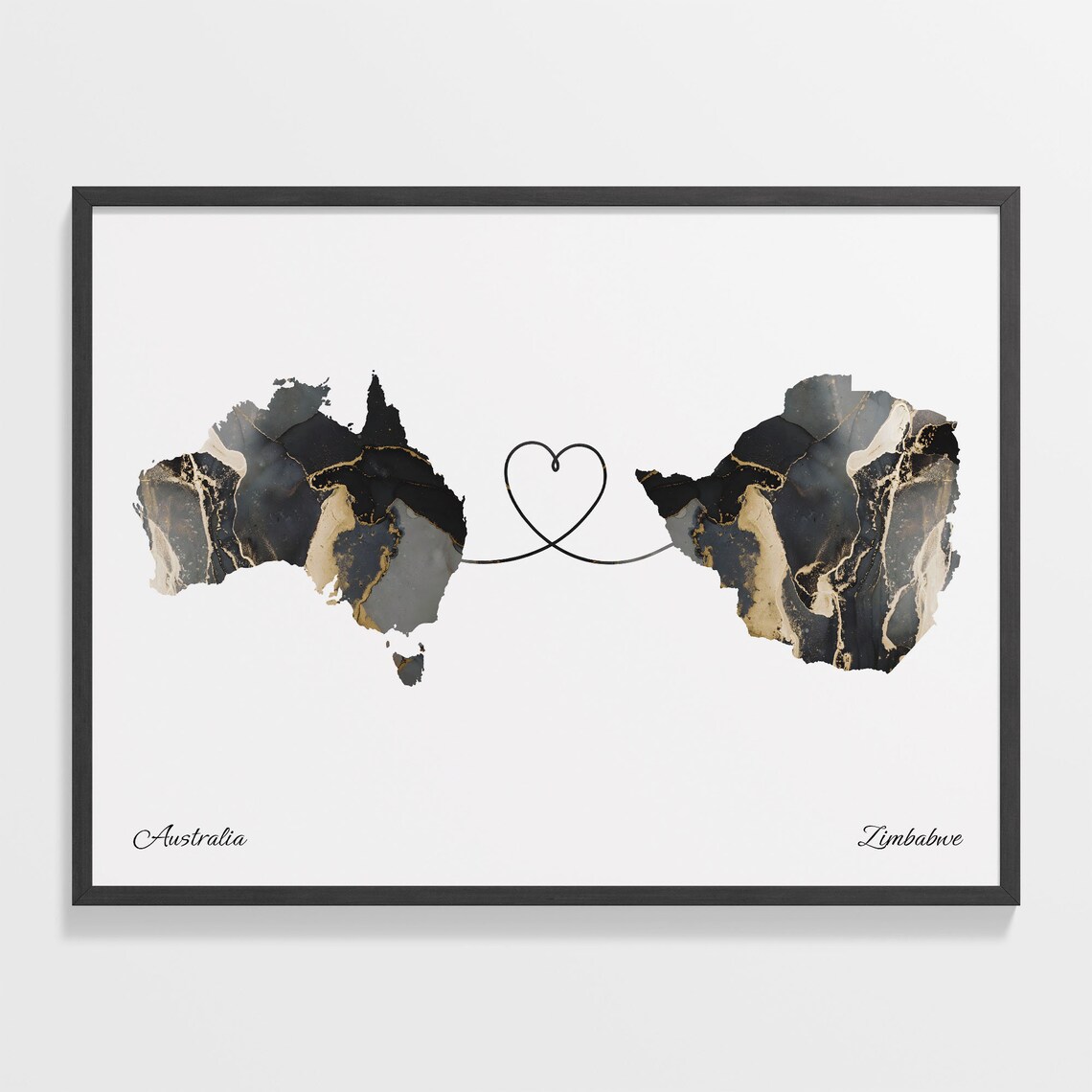 Australia Zimbabwe Long Distance Marble Map Heart Print Gift