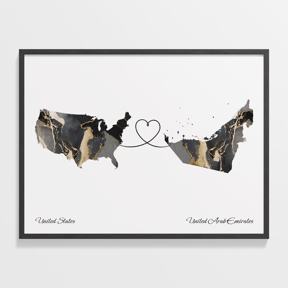 United States to United Arab Emirates Heart Connected Long Distance Marble Map Poster