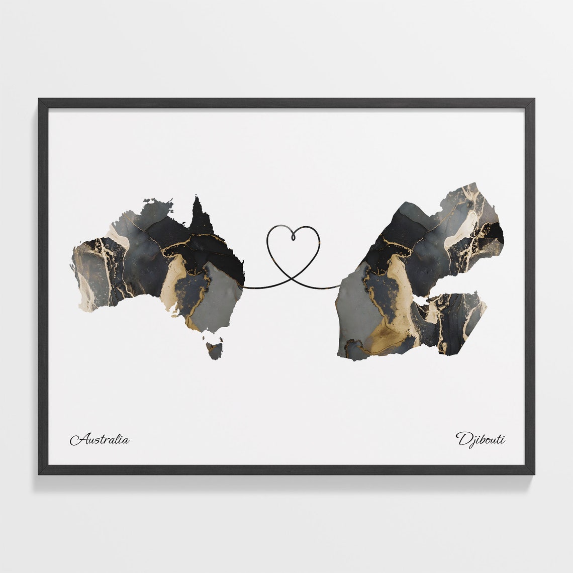 Australia and Djibouti Black Marble Heart Connection Map Poster