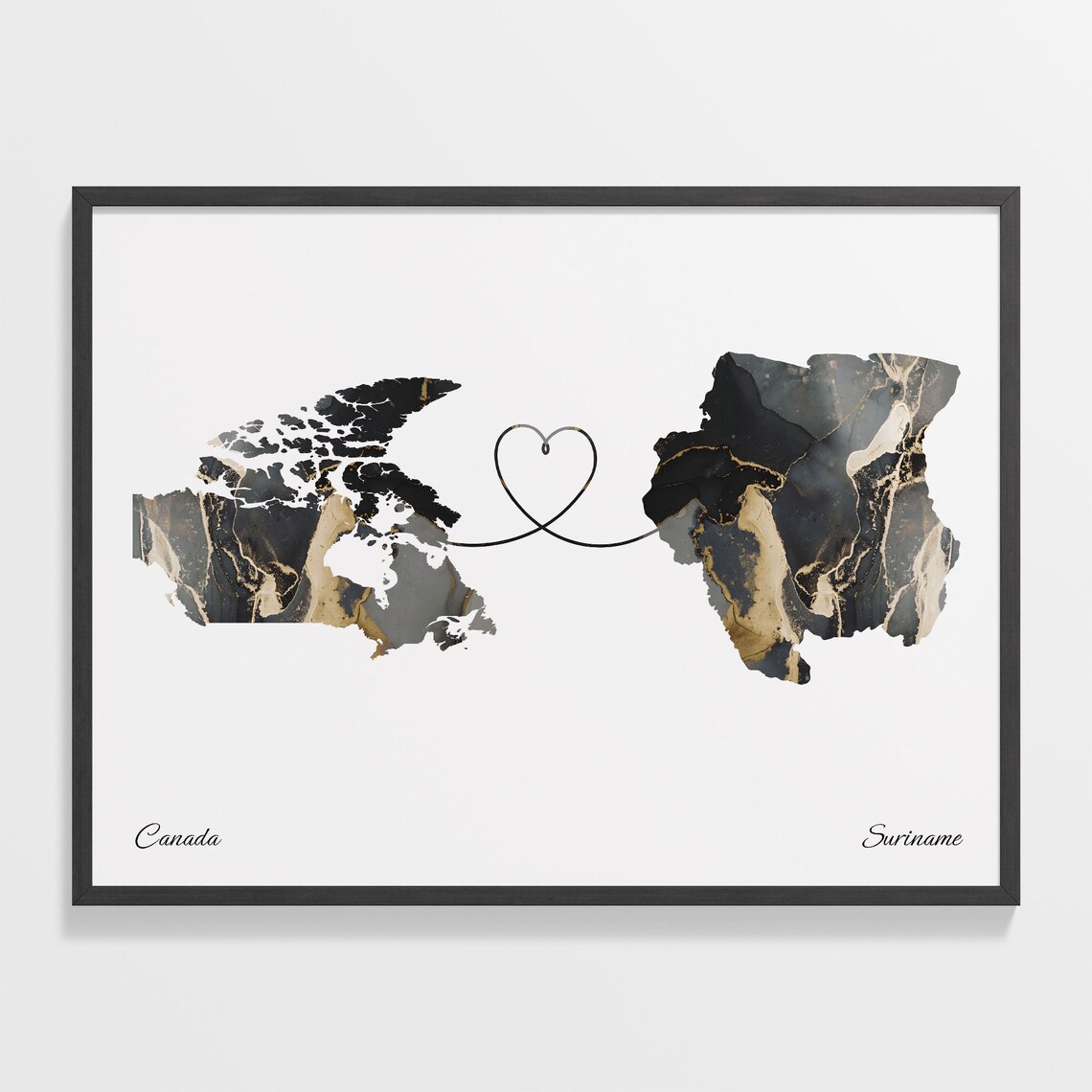 Canada To Suriname Marble Heart Map Two Country Long Distance Gift Poster