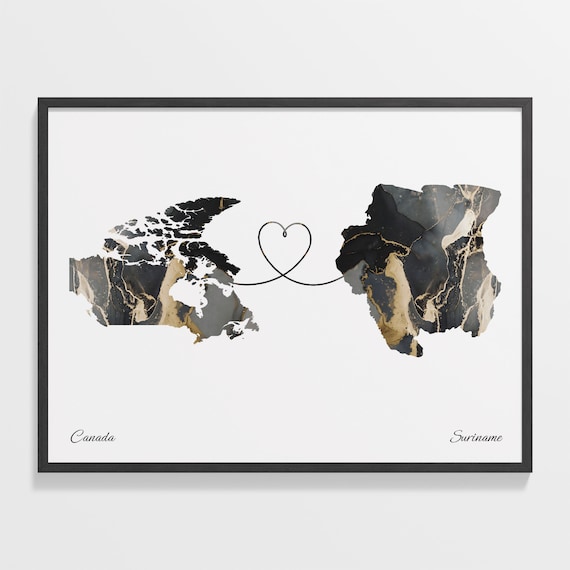 Canada To Suriname Marble Heart Map Two Country Long Distance Gift Poster