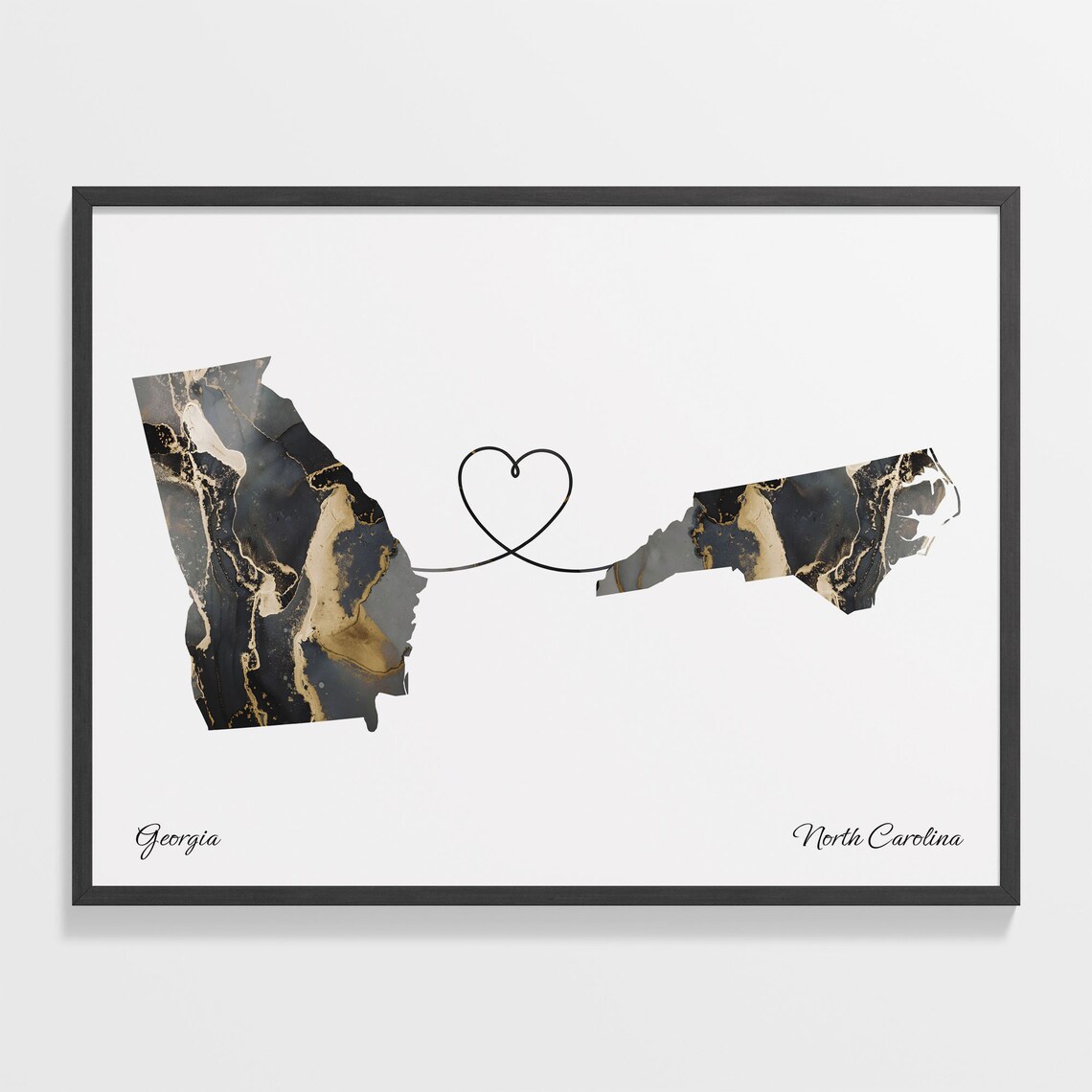 Georgia North Carolina Long Distance Black Gold Marble Heart Map Poster