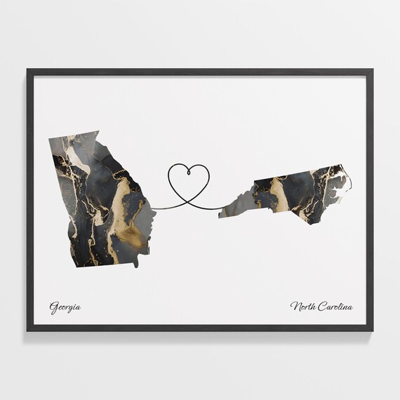 Georgia North Carolina Long Distance Black Gold Marble Heart Map Poster