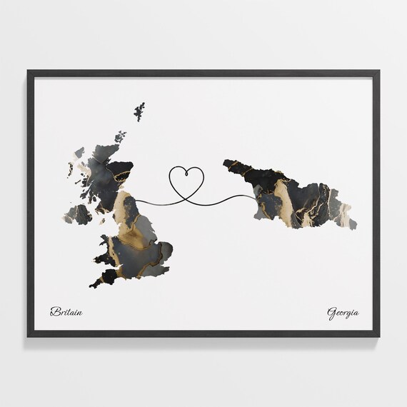 Britain to Georgia Heart Connected Long Distance Marble Map Poster