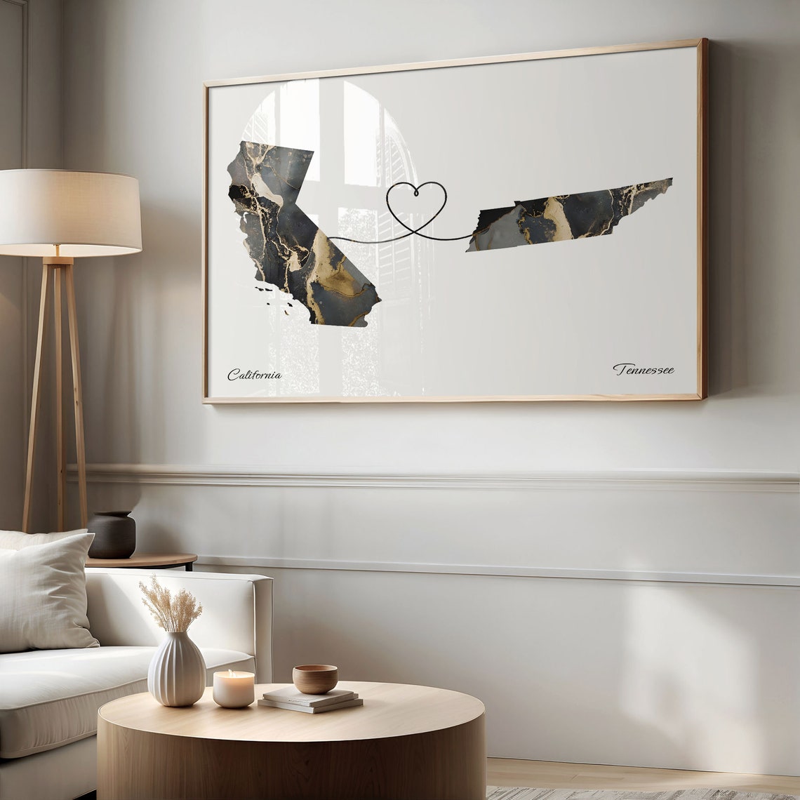 California and Tennessee Black Gold Marble Two State Love Map Poster - Image 2