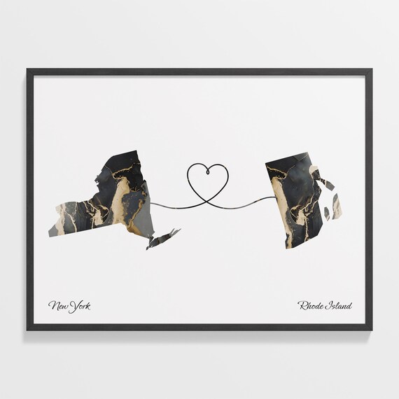 New York Rhode Island Marble State Map Poster Two State Connection Gift