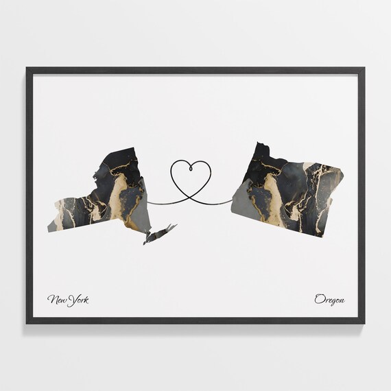 New York Oregon Marble State Map Poster Heart Line Long Distance Gift